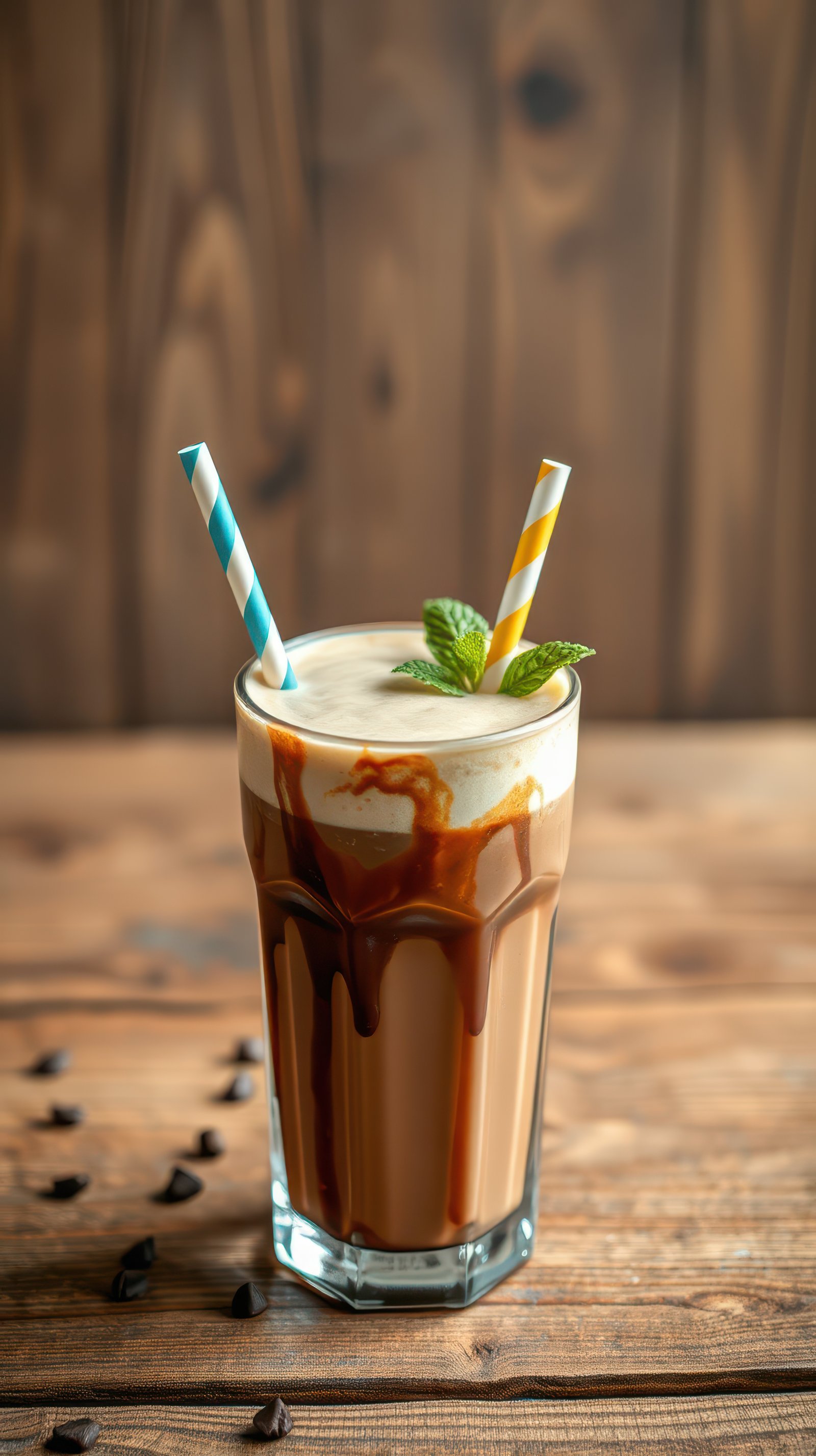 Delicious creamy coffee beverage with chocolate sauce and mint garnish on rustic wooden table